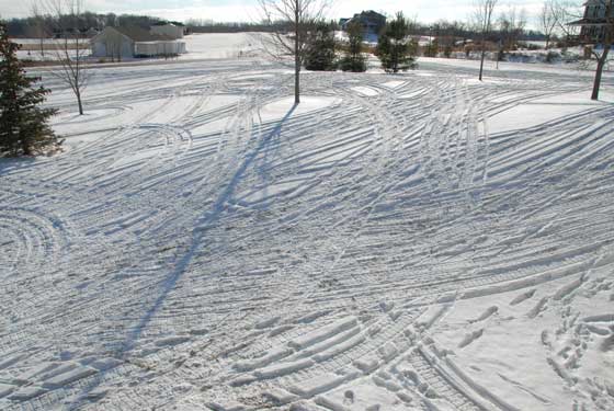 Snowmobile tracks in the yard