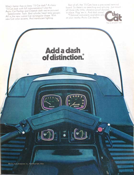 1973 Arctic Cat ad for a snowmobile dash