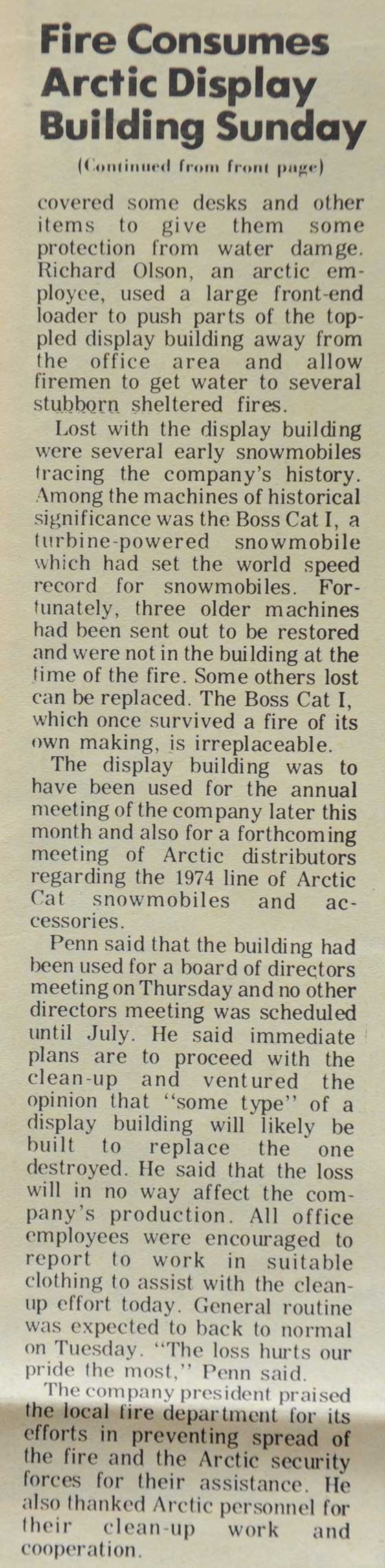 Arctic Cat Display Building Fire in 1973
