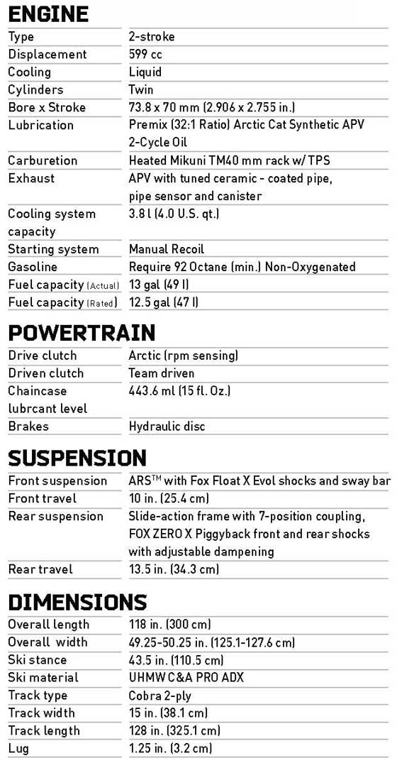 2013 Arctic Cat Sno Pro 600 XC version specifications