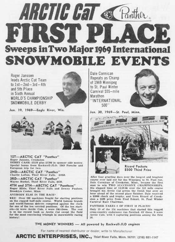 Arctic Cat Race Win ad for 1969 Eagle River and I-500