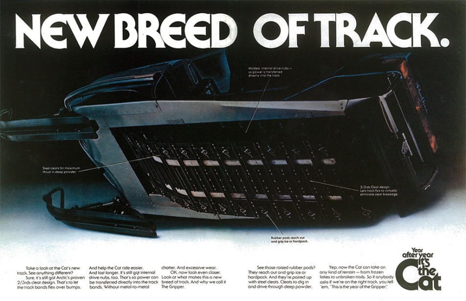 1975 Arctic Cat snowmobile print ad: New Breed of track