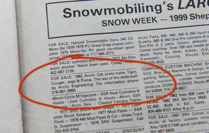The classified ad Espo placed in Snow Week magazine for the '82 proto Cats