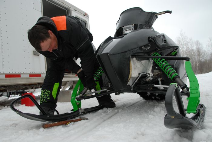 Arctic Cat engineer Brian Dick with a prototype ProCross sled in 2009. Photo by ArcticInsider.com.