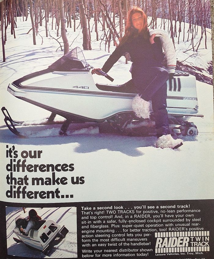 TGIF vintage Raider snowmobile ad from 1971-72, posted by ArcticInsider.com