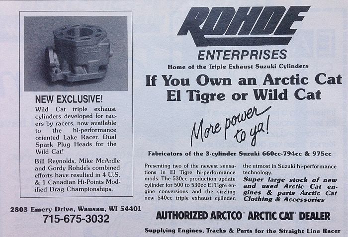 A snowmobile engine performance ad from Rohde Enterprises.