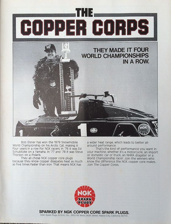 NGK sparkplug advertisement with Team Arctic's Bob Elsner in 1979 