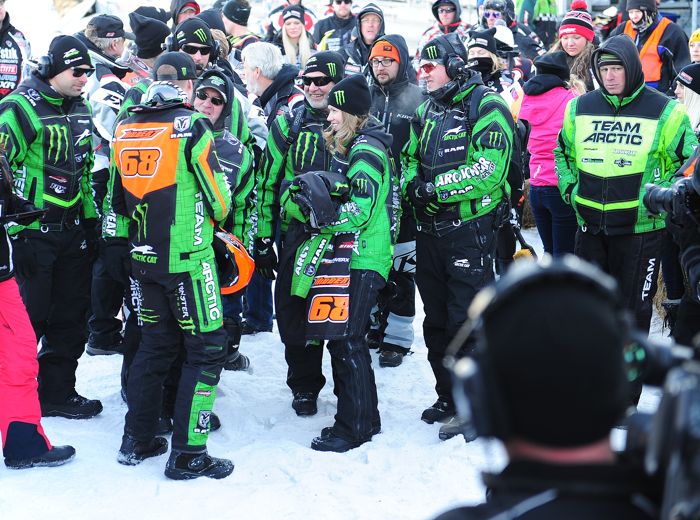 Tucker Hibbert and his Monster Energy-Team Arctic crew celebrate Duluth victory. Photo by ArcticInsider.com