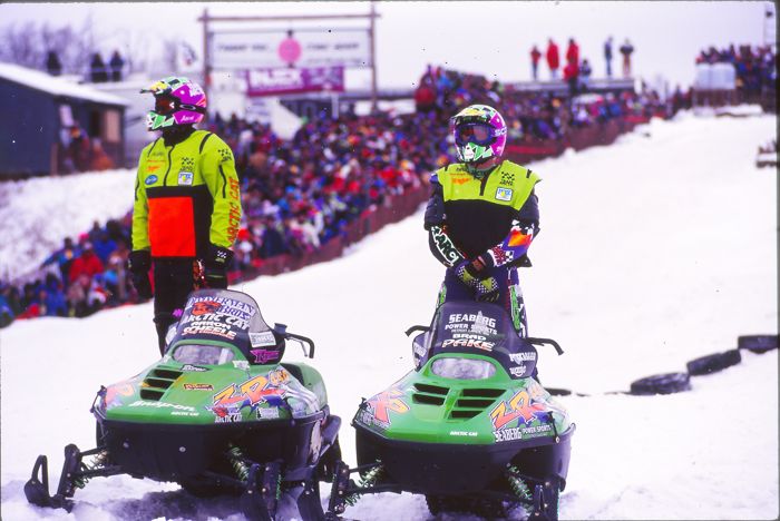 Team Arctic's Aaron Scheele and Brad Pake at the 1996 Duluth Snocross. Photo by ArcticInsider.com