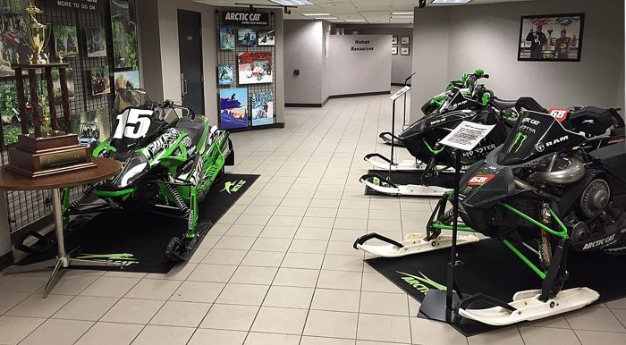 2015 Soo 500 and X Games winning Arctic Cat race sleds inside the Arctic Cat Lobby.