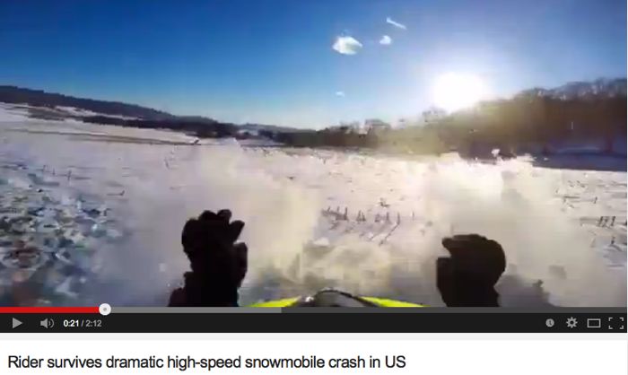 Screen grab from snowmobile crash video on YouTube. 