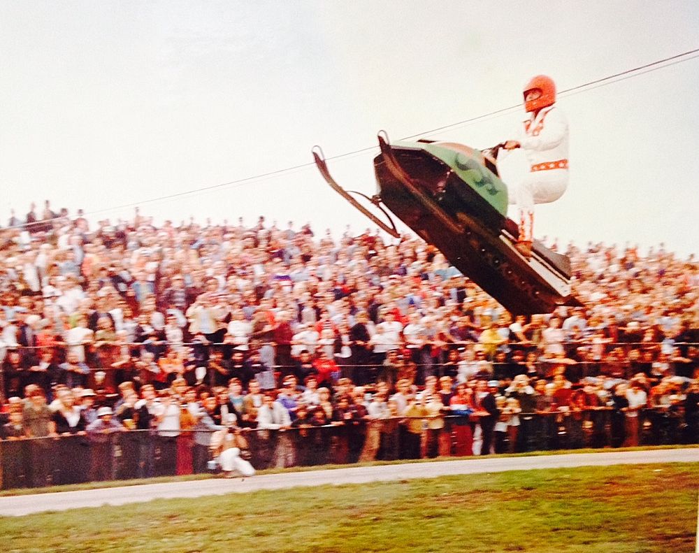 Arctic Cat's Screamin' Scott Eilertson jumps for the crowd in Union Grove, WI, 1975