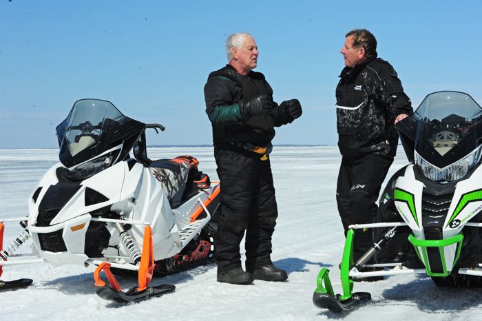 Team Arctic's Larry Coltom (L) and Jim Dimmerman talk about the turbo Thundercat. Photo ArcticInsider.com