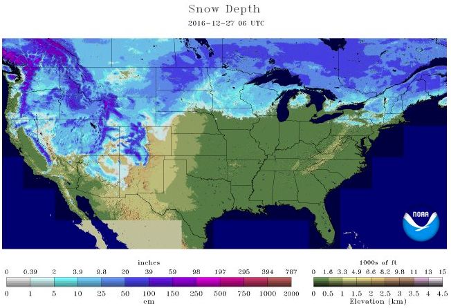 US Snow Depth on Dec. 27, 2016