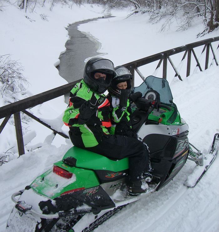 2-up family style snowmobiling, the old-school way.