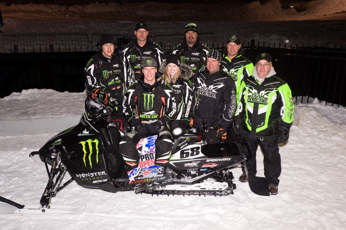 Tucker Hibbert and the Monster Arctic Cat team pose after the 50th win. Photo by Hanson.