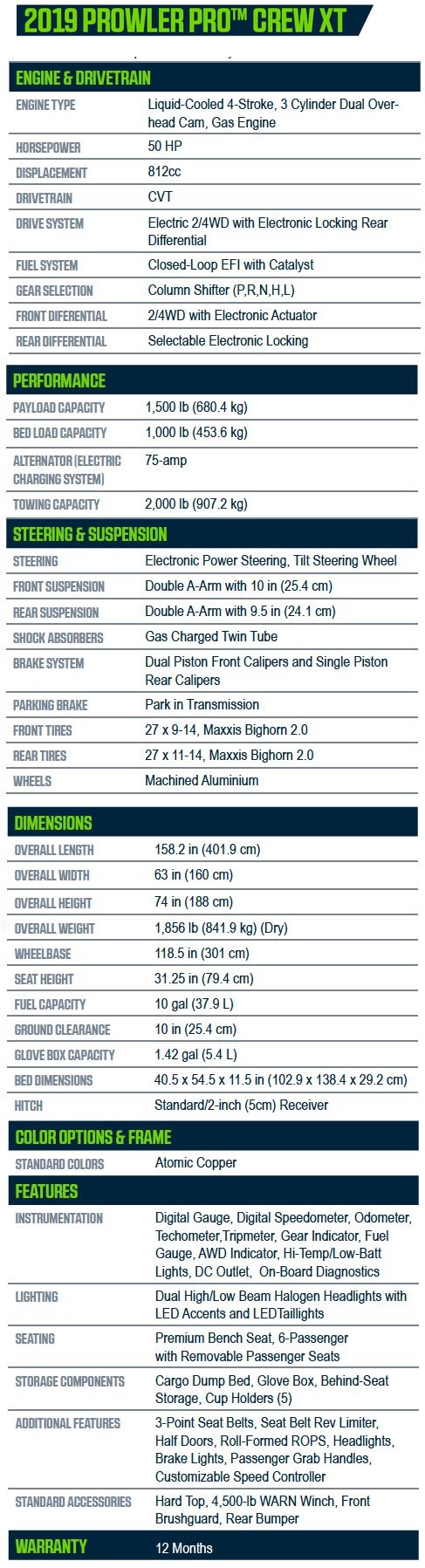 2019 Prowler Pro Crew XT Specifications