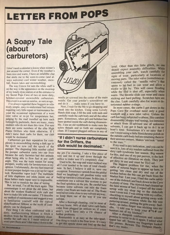 C.J. Ramstad's Letter From Pops, Nov. 1982 Snowmobile Magazine.