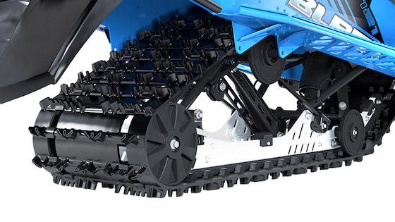 A look at the 121x1-inch lug track and Slide Rail Suspension on the Blast ZR that contributes to the major fun factor of riding this snowmobile