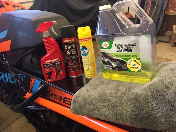 AI go-to cleaning products: Mothers VLR, Mothers Back-to-Black, Lemon Pledge, Quality car wash soap, and some quality drying towels and Terry cloth rags