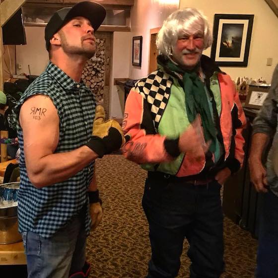 At an Arctic Cat Photoshoot in Togwotee, Dave (L) dressed up as Rob, and Rob (R) dressed up as their hero, Rex "The Silver Fox" Hibbert.