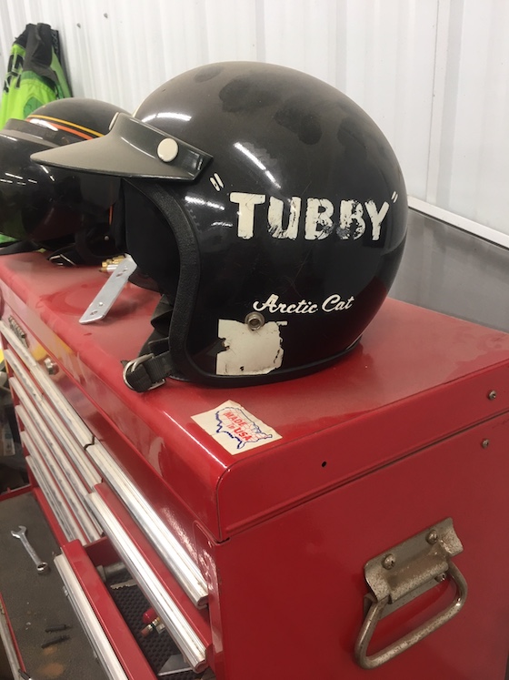 A helmet wore by Tubby Lund which matches his 74 El Tigre Cross Country race sled.