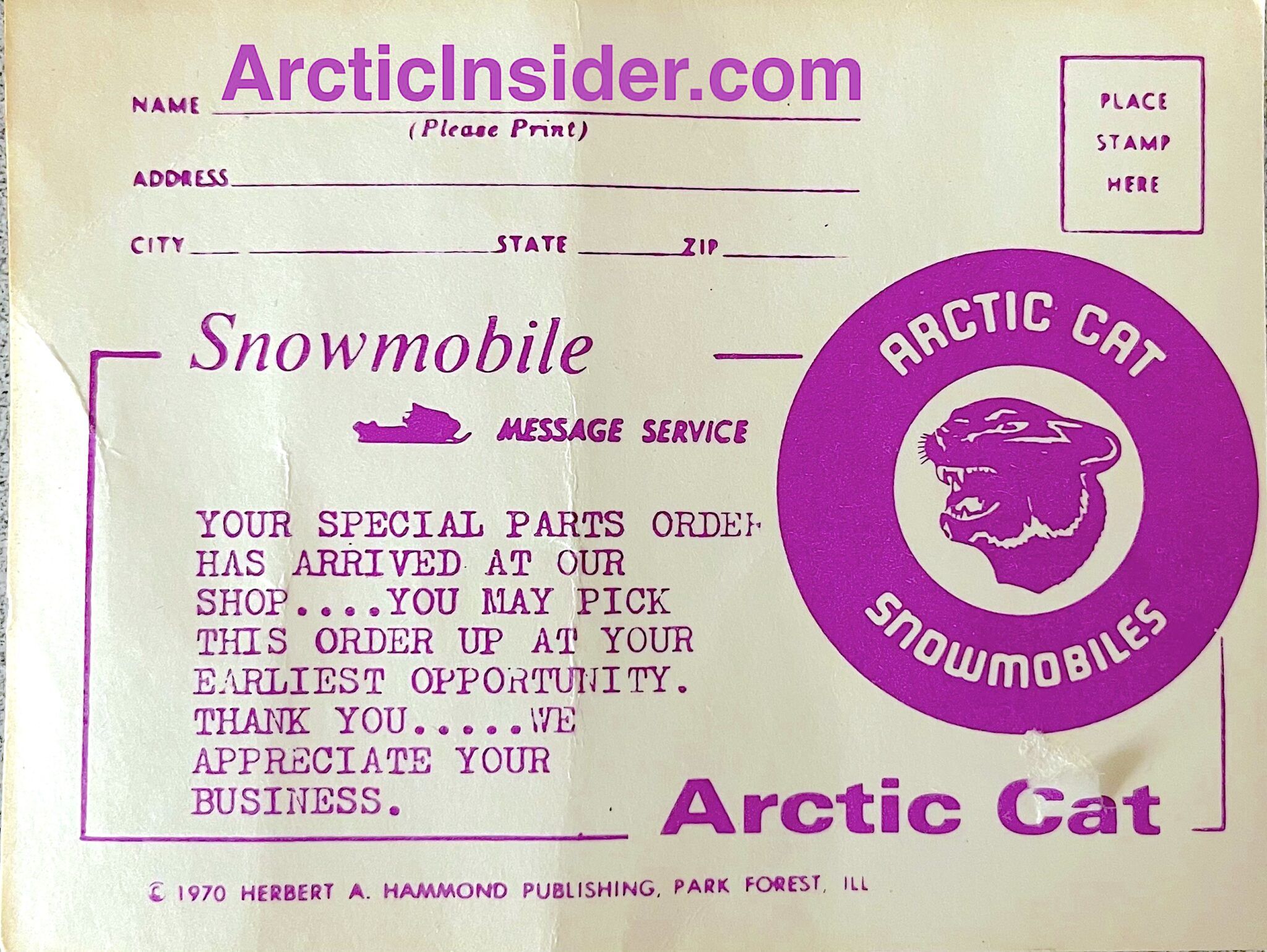 1970 ARCTIC CAT DEALER POSTCARD | ArcticInsider